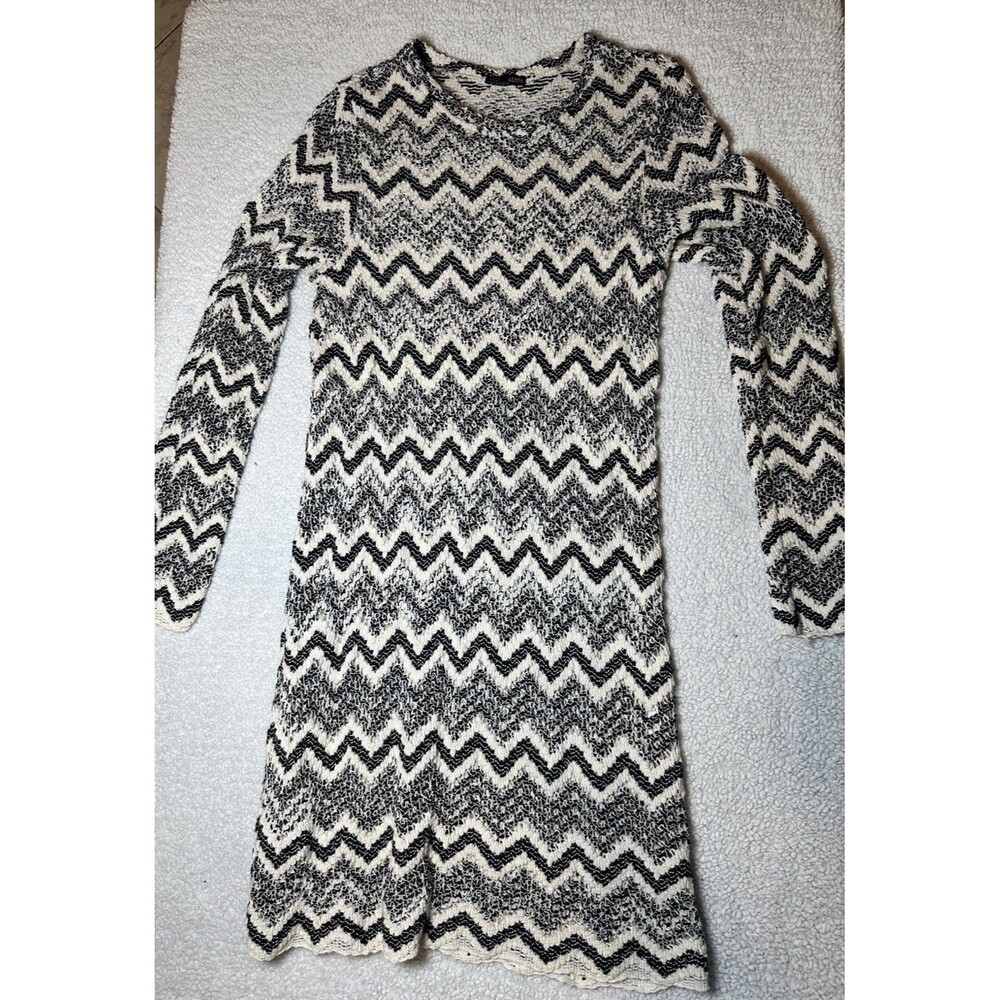 Zara Sz M Long Sleeves Chevron Knit Zig Zag Cream and Black Sheer Dress Small